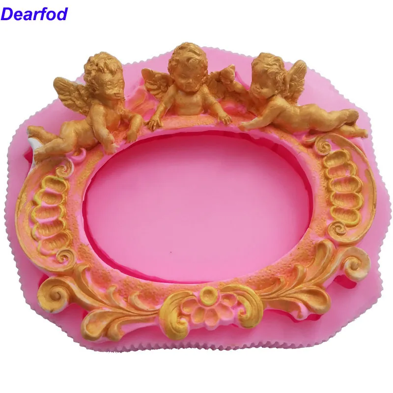 

Dearfod 1634 Retro Mirror Frame with 3 Angels Fondant Silicone Mold for Sugar Craft Use and Chocolate make Kitchenware DIY Tool