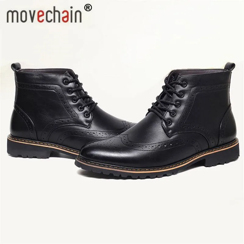 

Movechain Mens Leather High-Top Winter Casual Flats Shoes Men's Fashion Ankle Martin Boot Lace-Up Vintage Carved Brogue Boots