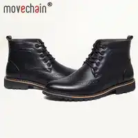 Movechain メンズ革高トップ冬カジュアルフラットシューズの男性のファッション足首マーティンブーツレースアップヴィンテージ彫ブローグブーツ