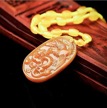 

natural china HUANGLONG beige carved lucky Longfeng pendant Yu Pei Sweater chain pendant necklace Fine Jewelry