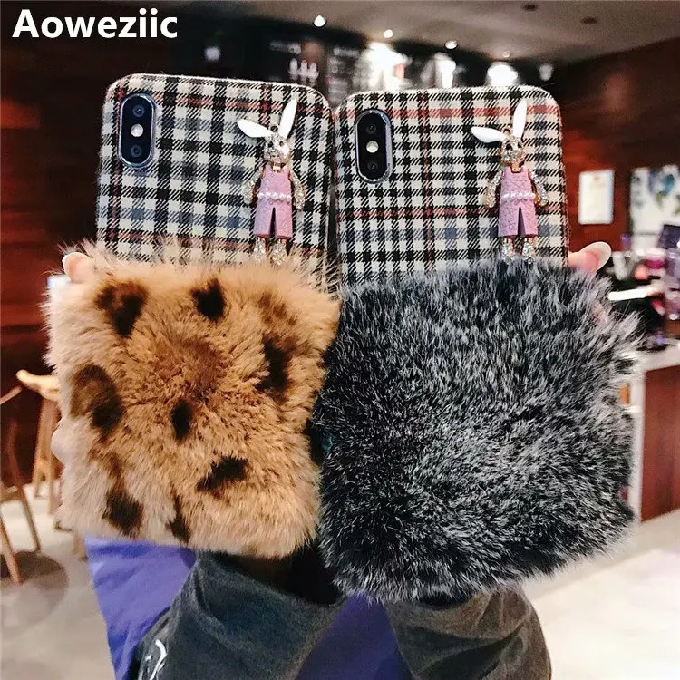 

Aoweziic Korea warm winter peter rabbit half hair for iphone X XS MAX XR phone case plaid 6s 8plus leopard print shell