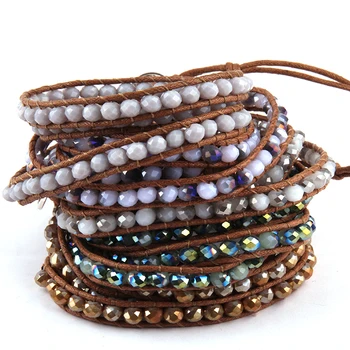 

Free Shipping Beautiful Fashion Glass Crystal Long Wrap Bracelet 3 Wraps Leather Bracelet For Women