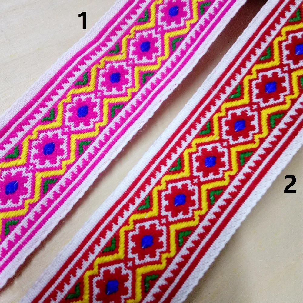 4.5cm 45mm 1-7/8'' Quality Pink Red Geometric Flowers Stitch Trim Thick Cotton National Jacquard Woven Ribbon Embroidery Webbing |