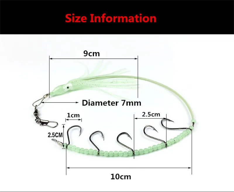 Glow in the Dark Soft Rubber Octopus Squid Lure with Luminous Beads 5 Circle Fishing Hooks in Braided Steel Fishing Wire 2018 (1)