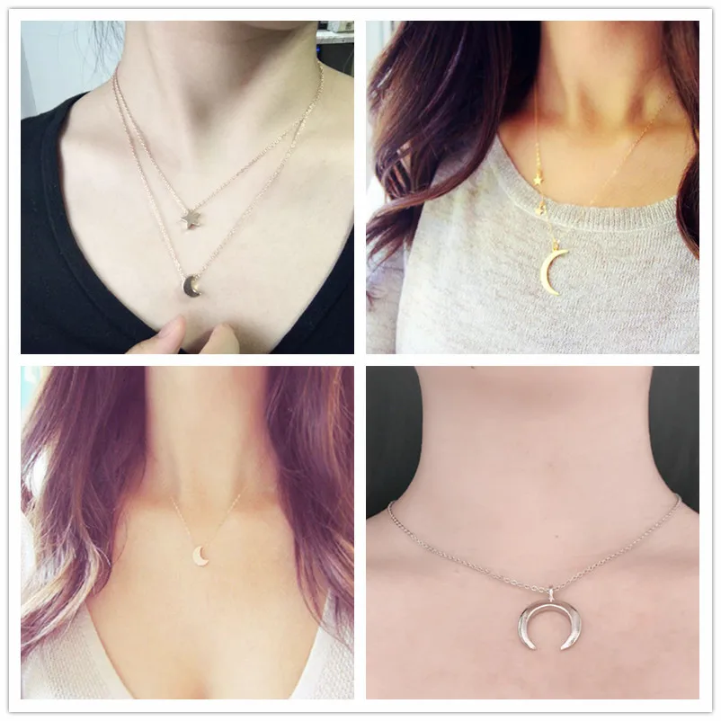 Bijoux Punk Star Moon Pendant Long Necklace For Women Jewelry Metal Multilayers Chain colar feminino Clavicle x226 | Украшения и