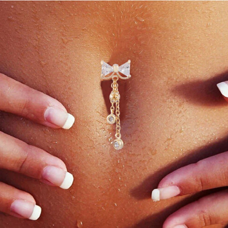 

Rainbery Bowknot Tassel Surgical Steel Tassel Navel Piercing Crystal Rhinestone Dangle Belly Button Ring Fashion Body Jewelry