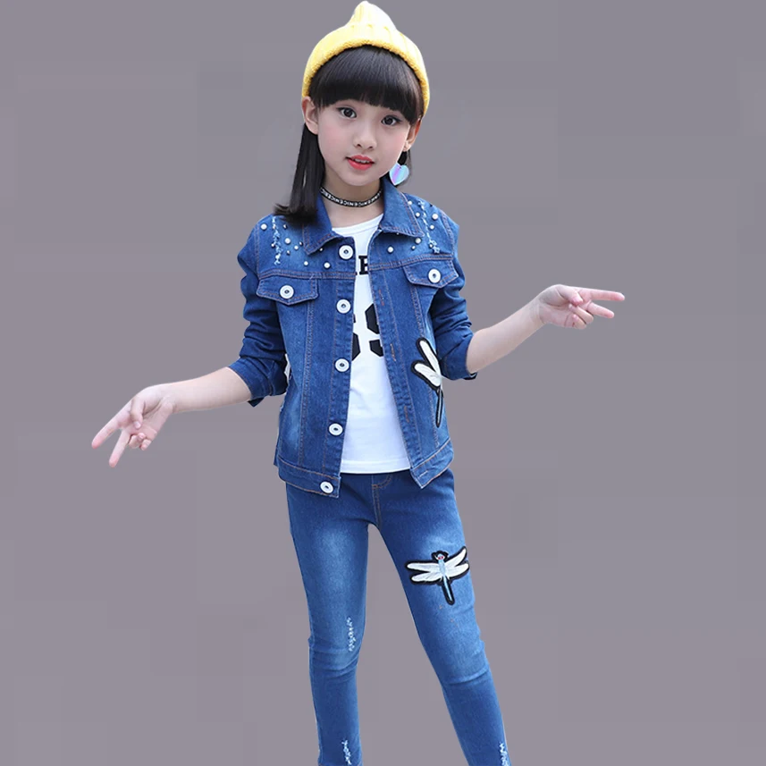 

Autumn Denim Children's Clothing For Girls Dragonfly Jacket+Jeans Winter Kids Clothing Teenage Clothes For Girls 6 8 12 Years