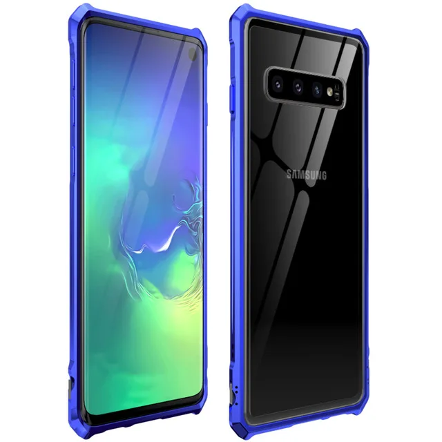 blue Прозрачный чехол из закаленного стекла для телефона для samsung Galaxy S10+ E S10 Plus S10 Lite противоударный металлический бампер чехол s для S10Plus - Цвет: blue