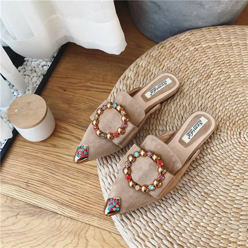 Women Flat Sandals Leather Soft Point Toe Mule Slippers Flip Ladies Casual Shoes