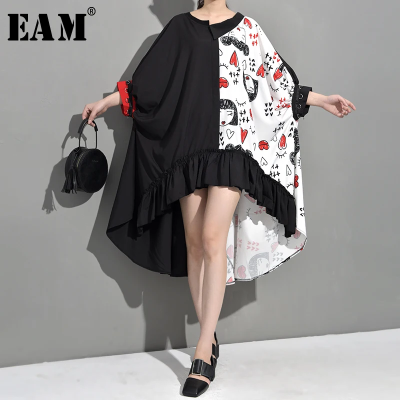 

[EAM] 2019 New Spring Summer Round Neck Three-quarter Sleeve Pattern Printed Loose Big Size Long Dress Women Fashion Tide JX029