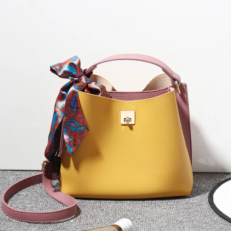 

Fashion PU Leather Women Bucket Shoulder Bag With Scarves Famous Brand Designer Handbag Ladies Crossbody Bag Messenger Tote Bags