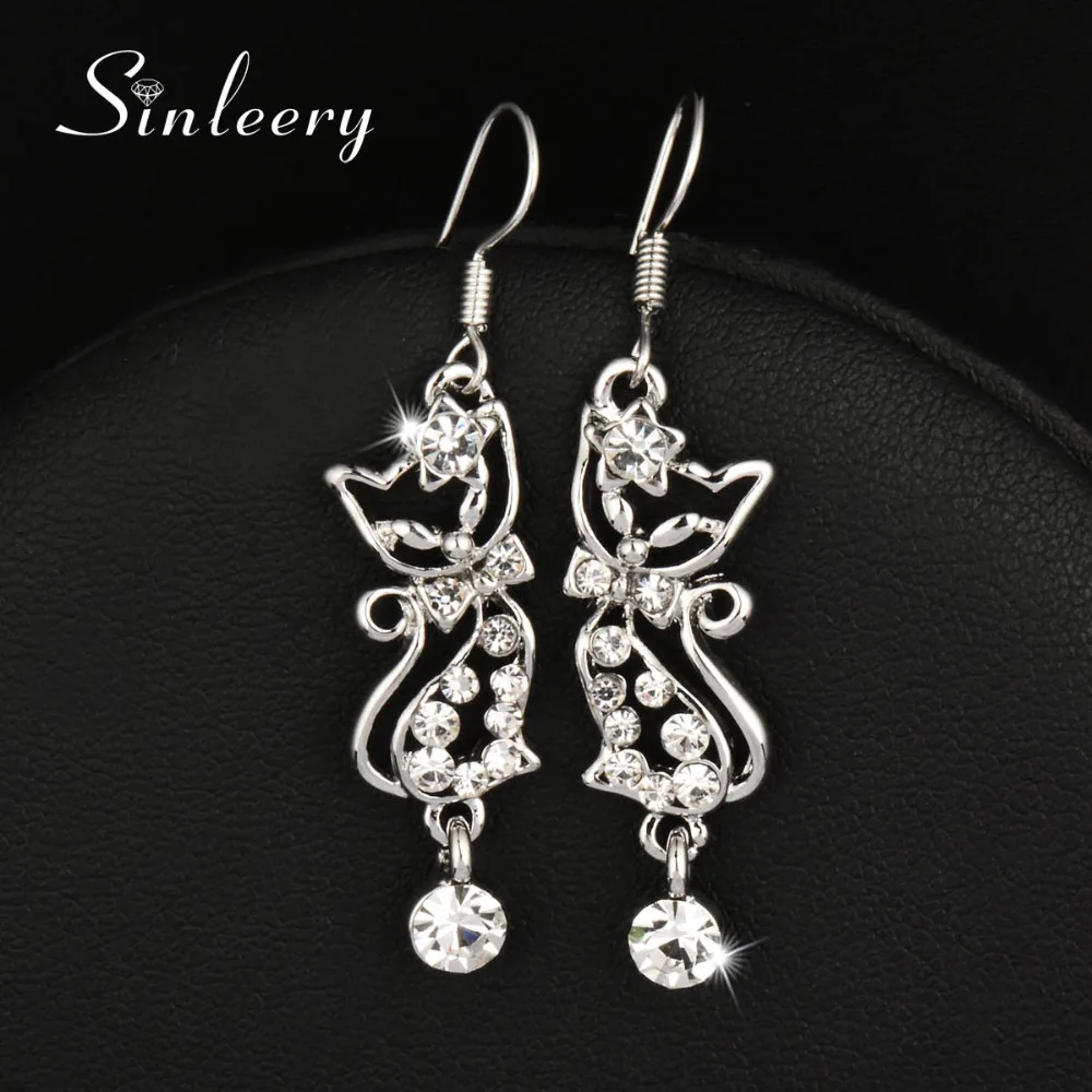 

SINLEERY Unique Cute Hollow Cat Dangle Drop Earrings Silver Rose Gold Color AAA Cubic Zircon Animal Fashion Jewelry Es771