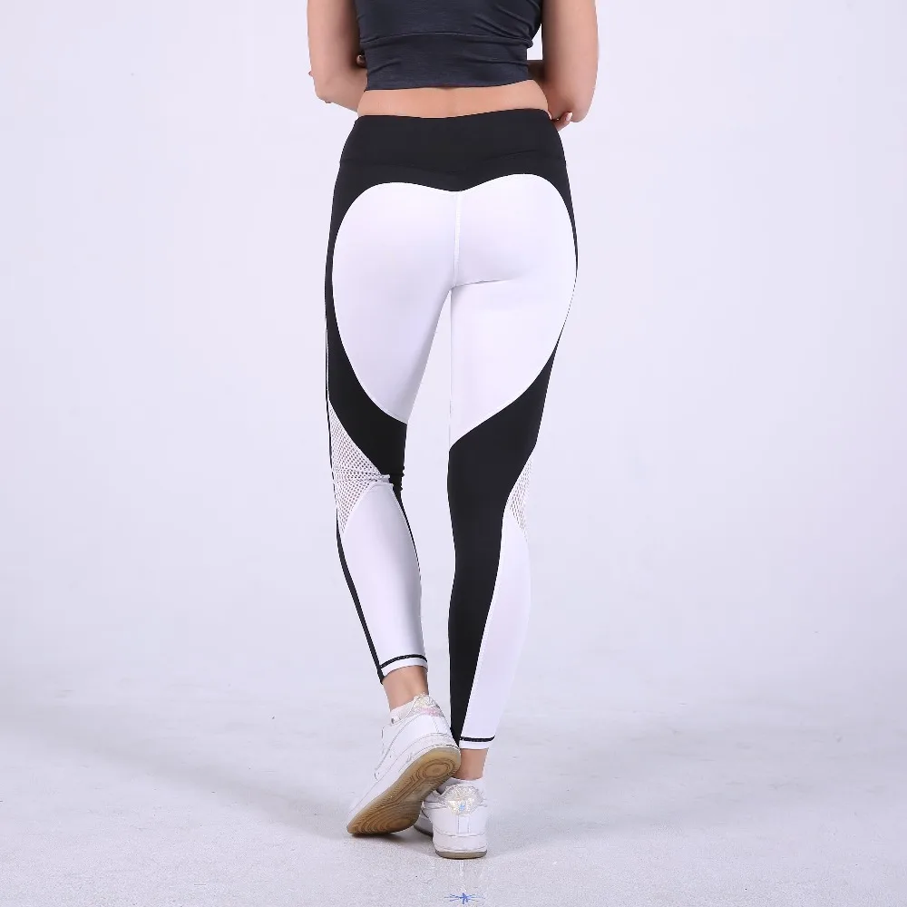 

Hot Sale Patchwork Heart Leggings Sportswear For Women Bodybuilding Black White Slim Sexy Legging Female Pants