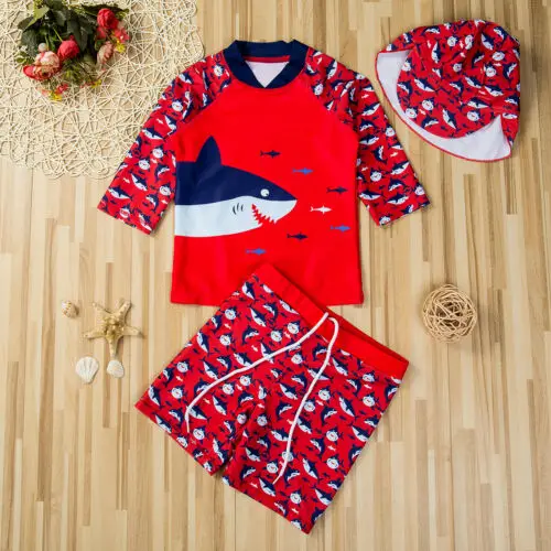 

2019 3Pcs Baby Boy Swimwear Shark Kids Baby Boys Bikini Set Swimsuit&Hat Toddler Infant Bathing Surfing Suit UV 50+