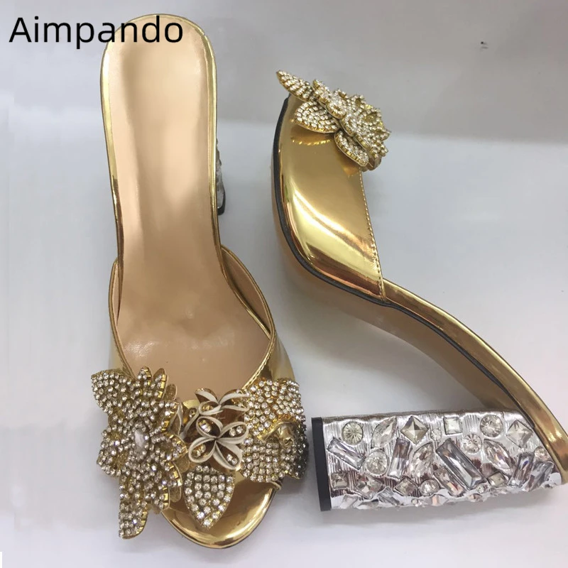

Drill Rhinestone Chunky Heel High Heel Shoes Woman Handmade Crystal Flower Diamond Heel Open Toe Gold Slippers For Women