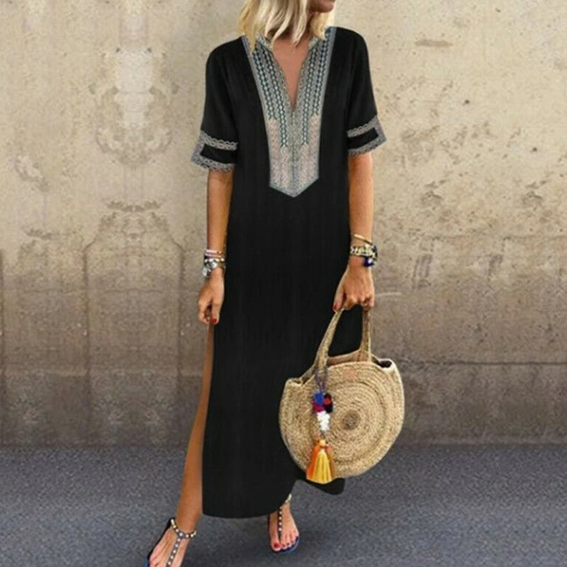 Women's Summer Dress Sundress Women Short Sleeve V neck Boho Hem Baggy Kaftan Dress Woman Long Maxi Dresses Robe Longue Dresses