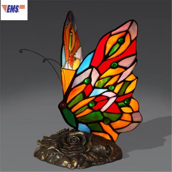 

European Style Stained Glass Geometry Butterfly Push Button LED Night Lamp Fashion Coffee Shop Pub Art Decoration Lamp X1372