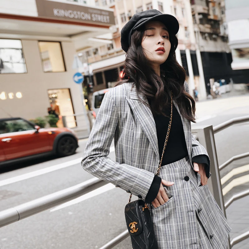 

New 2018 Autumn Women Suit Female Korean Fashion Long-Sleeved Plaid Suit Jacket Female Two-Piece Stitching Ladies Skirt D8A225