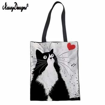 

NOISYDESIGNS Women Canvas Handbag Simple Style Customized Cute Cat Pattern printing Girls Style Bags Summer Beach Bag Female DIY
