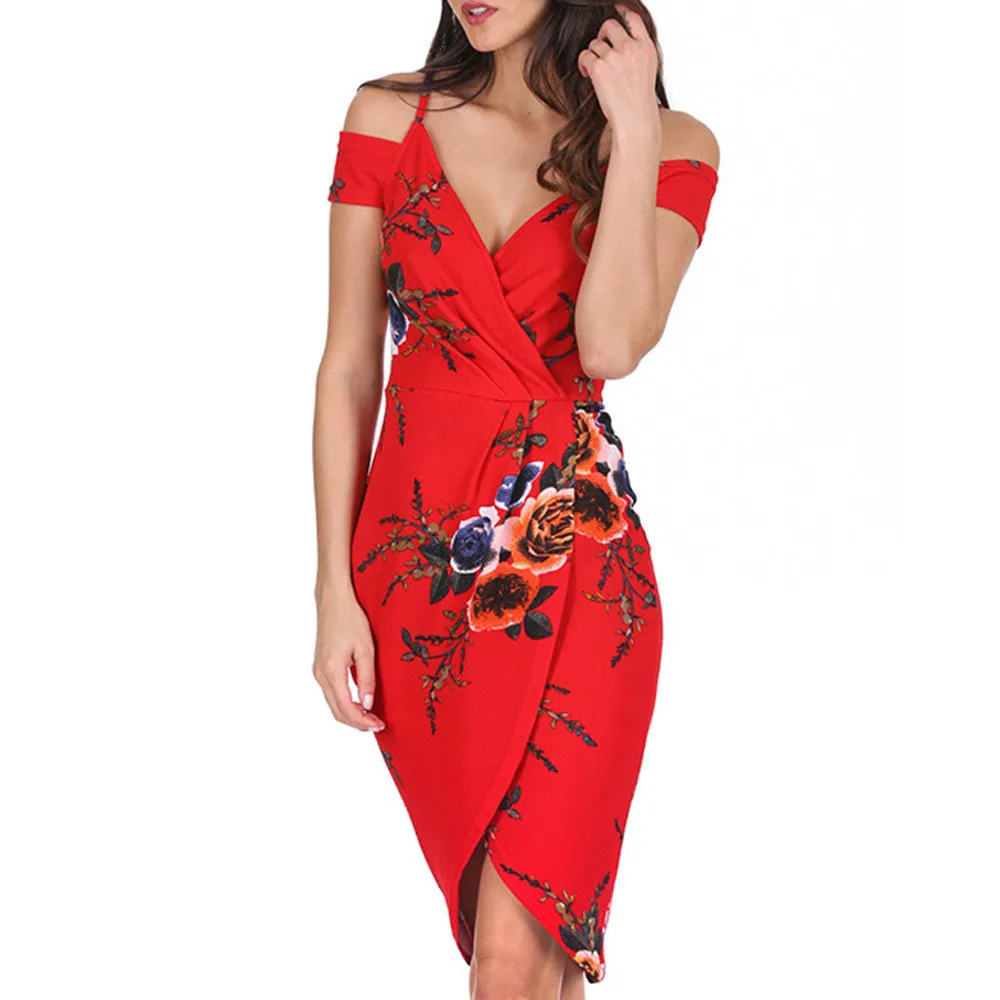 

new Women Floral Printing V Neck Off Shoulder Sleeveless Evening Party Dress Ladies printed sling strapless irregular dress