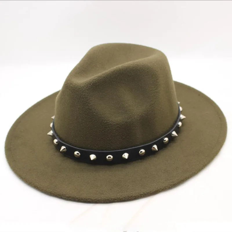 Осень зима шерстяной ремень пряжка джазовый Топ шапка для Для женщин чувствовал мягкая фетровая шляпа с широкими полями шляпа Laday котелок Картежник Top Hat - Цвет: ArmyGreen