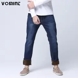 Для мужчин узкие прямые джинсы классические стили зима теплая Повседневное утолщаются фланель Джинсы на флисе эластичный мыть Жан Большой