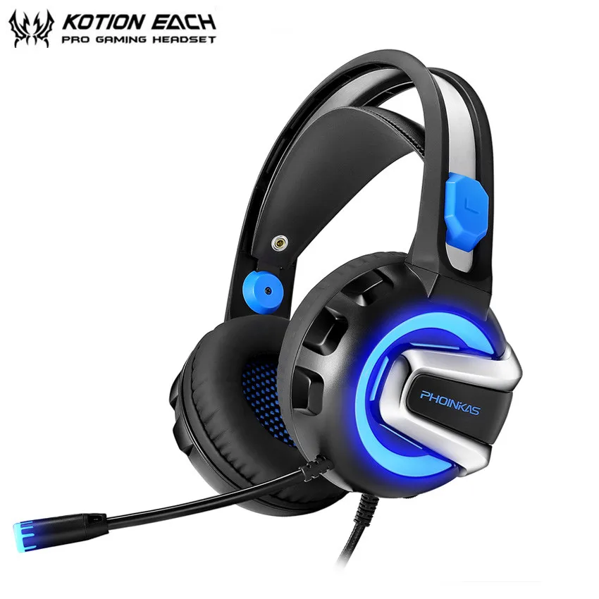 KOTION каждый H4 PC игровая стереогарнитура с микрофоном светодиодный свет шлем Шум Отмена наушники для компьютера Gamer - Цвет: Blue No Retail Box