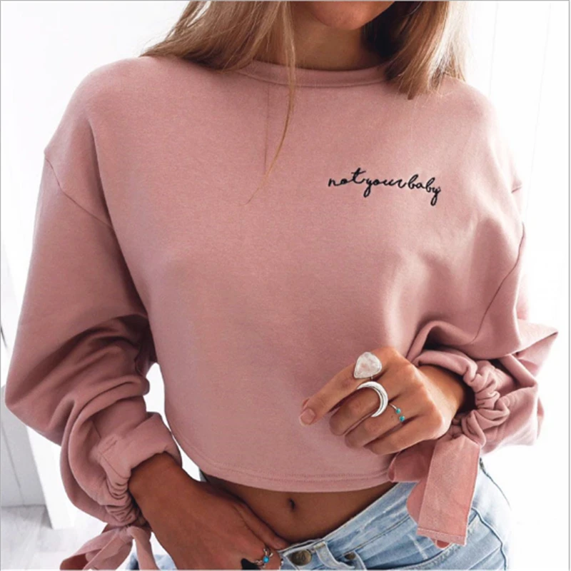 

REVERIEUOMO letters embroidery Sweatshirt 2019 autumn female Long Sleeve Women crop top pink white solid girl casual Pullover