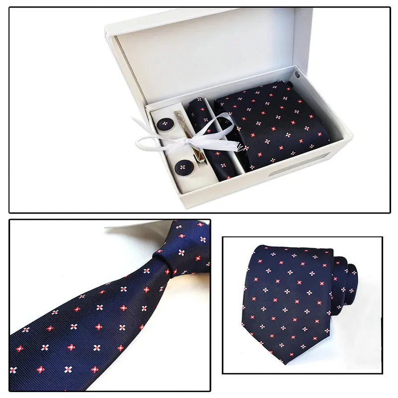 

6PCS Men Plaid Dot Floral Striped Wedding Collar Bar Pin Neck Tie Clip Cufflink Hanky Pocket Square Handkerchief Box Necktie Set