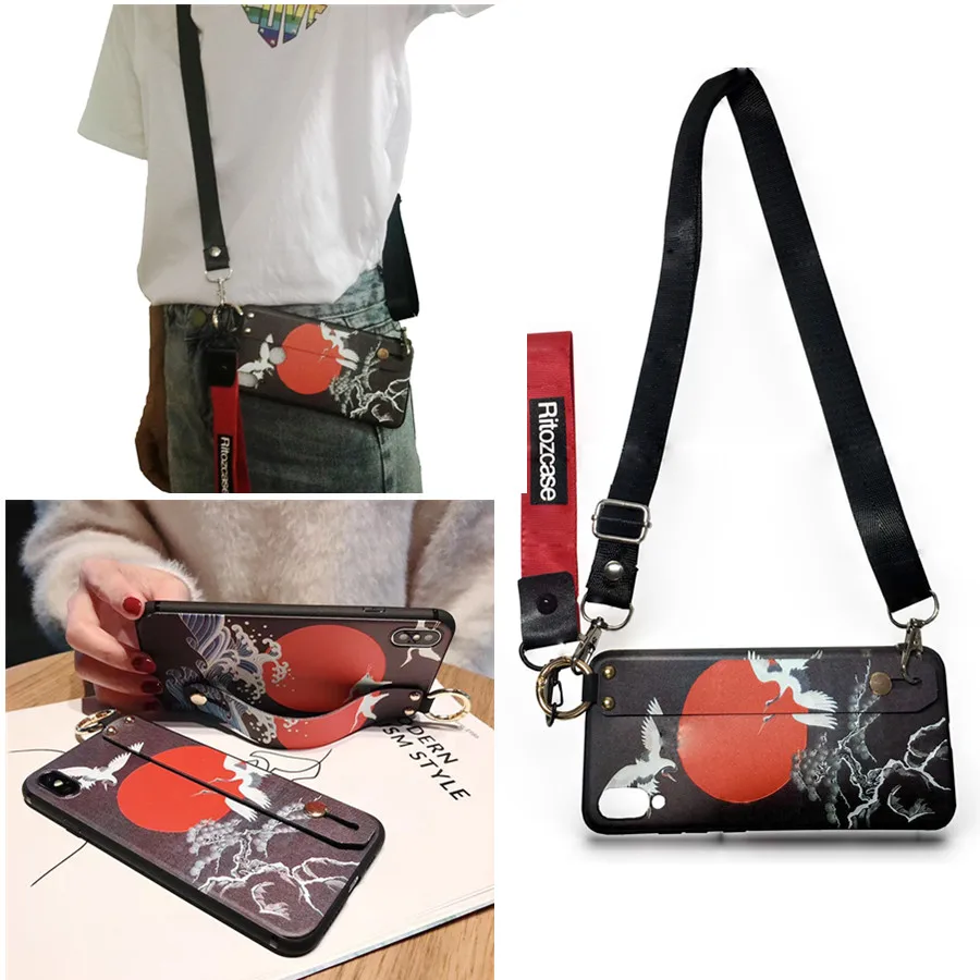 

Red-crowned crane shoulder strap tpu case for iphone 8 7 6s 6 plus XS MAX XR X case cover fashion wristband holder soft silicon