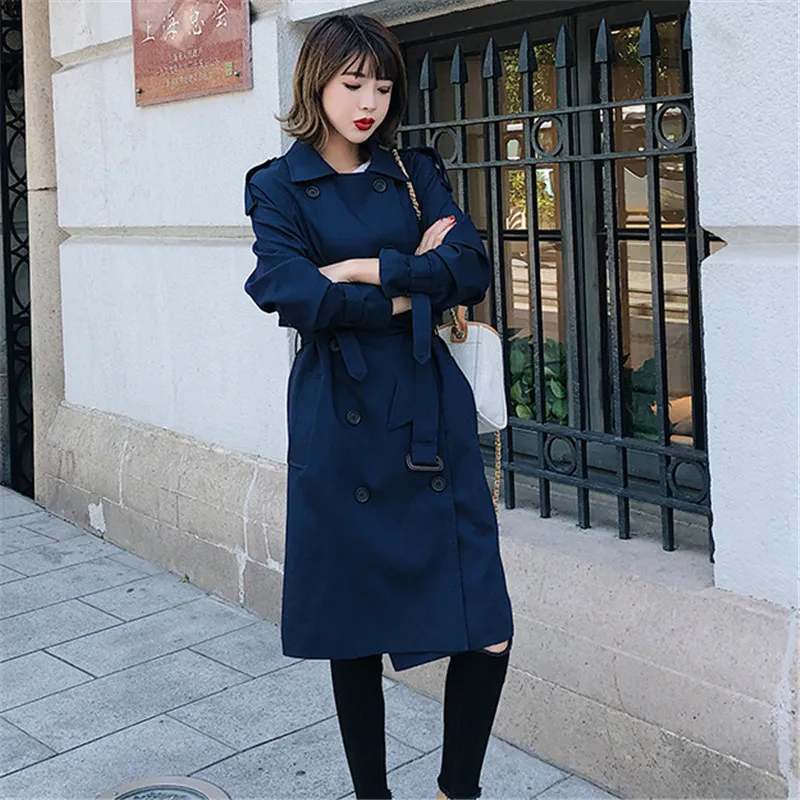 Windbreaker Female 2019 Spring Autumn new Korean leisure chic loose ladies harbor wind Long Trench Coat for women coats blue 005 Windbreaker Female 2019 Spring Autumn new Korean leisure chic loose ladies harbor wind Long Trench Coat for women coats blue 005