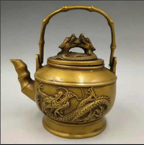 Chinese Handmade Carved Antique Double Dragon Flagon Copper Teapot Kettle Chinese Handmade Carved Antique Double Dragon Flagon Copper Teapot Kettle