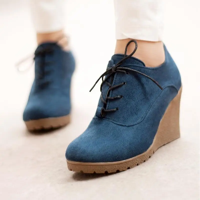 

2016 New Wedges Boots Fashion Flock Women's High-heeled Platform Ankle Boots Lace Up High Heels Spring Autumn Shoes For Women