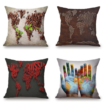 

Coffee Beans World Map Cushion Cover Digital Map Cushion Cover Square Support Creative Hand-Painted Pillow Cover Wedding Pillows