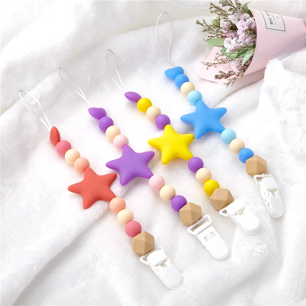 

Happyfriends 1PCS Stylish Star Silicone Beaded Baby Teething Pacifer Clips Chain