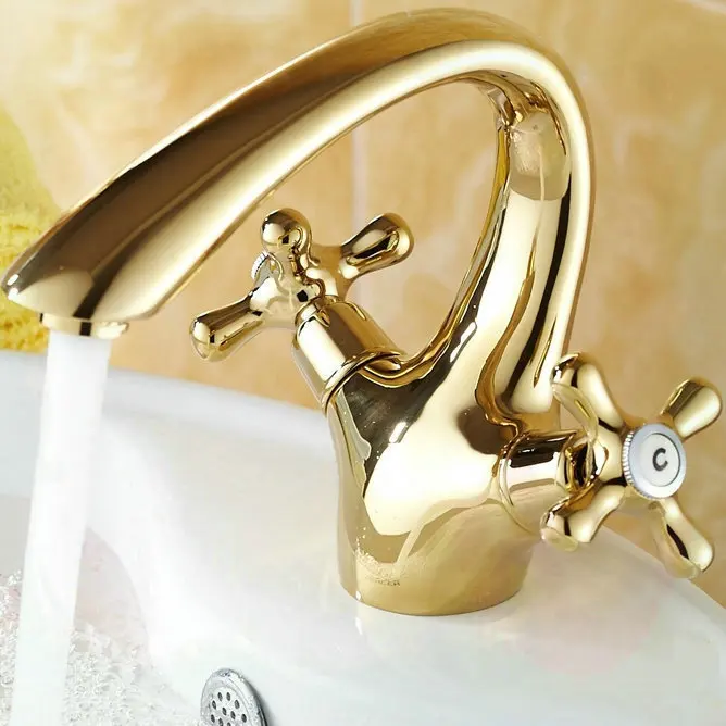 three holes Golden Polished Faucet Double Handle Basin Mixer Tap Noble Sink torneira eletrica banheiro | Обустройство дома