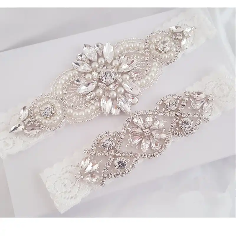 Plus Size Pearl Rhinestone Wedding Garter Stretch Lace Garter Burgundy Peach Gold Pearl Bridal Garter Set Chiffon Fabric Flower Lace