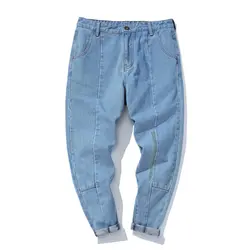 2018 г. Популярные весенние японские уличная вышивка одноцветная мужской Разделение совместных ковбой девять часть брюки модные джинсы Для