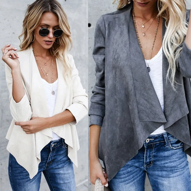 

2019 Spring Women Blazer Ladies Faux Suede Waterfall Drape Lapel Long Sleeve Slim Jacket Casual Biker Coat Summer Open Stitch