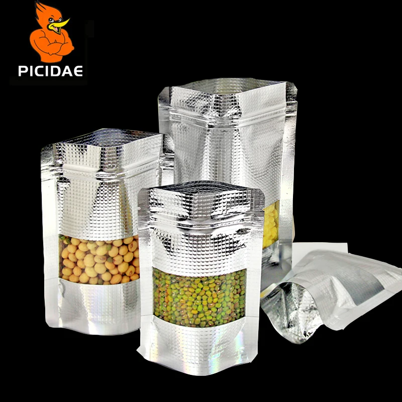 

Silver candy chocolate Snack nut coffee food Cookie foil Packaging Bag Wide bottom Standing Embossing zipper ziplock Open window