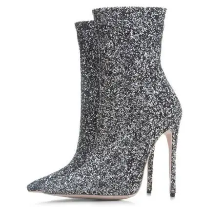 

Bling short boots Women black/gold/silvery solid bling pointed toe high heel ankle boots Ladies super high thin heel boots