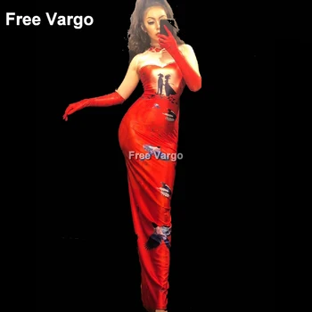 

Women Red Sleeveless Dress Chinese Valentine's Day Stage Nightclub Party Celebrate Performance Singer Wear Costume