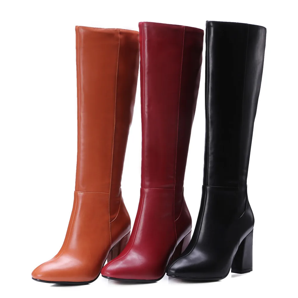 MORAZORA/женские осенние ботинки черного и красного цвета; женские ботинки на молнии с квадратным каблуком; модные сапоги до колена из искусственной кожи высокого качества на квадратном каблуке