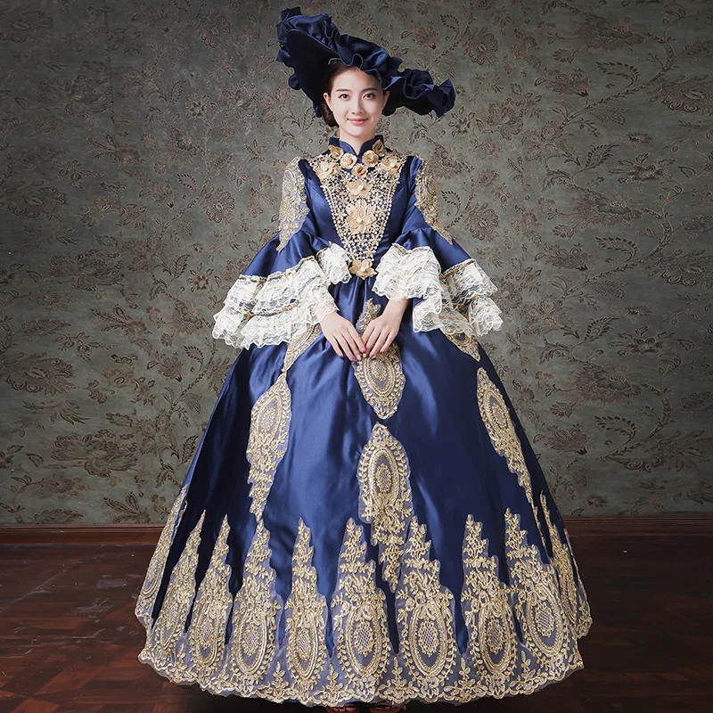 

Women European Court Costumes Female Biue Lace Floral Print Turtleneckneck Ruffle Long Sleeves Skinny Princess Evening Dresses