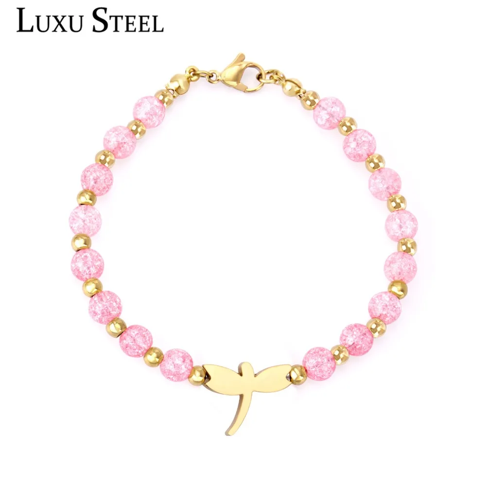 LUXUSTEEL браслеты высокого качества женские розовые цвета Кристальные бисерные на