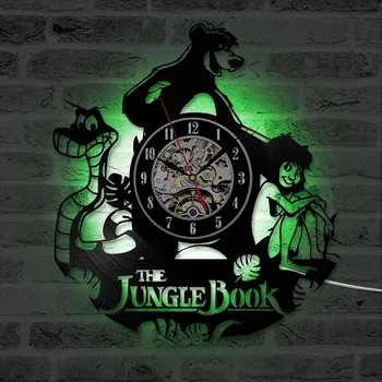

The Jungle Book Wall Clock Modern Design Cartoon 3D Decoration Vinyl Record Clocks with 7 Color Change LED Wall Watch Home Decor