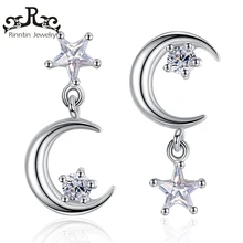 

Rinntin Pure 925 Sterling Silver Women Earrings Double Stars With Moon AAA Dazzling Zircon Stud Earring Trendy Jewelry PSE13
