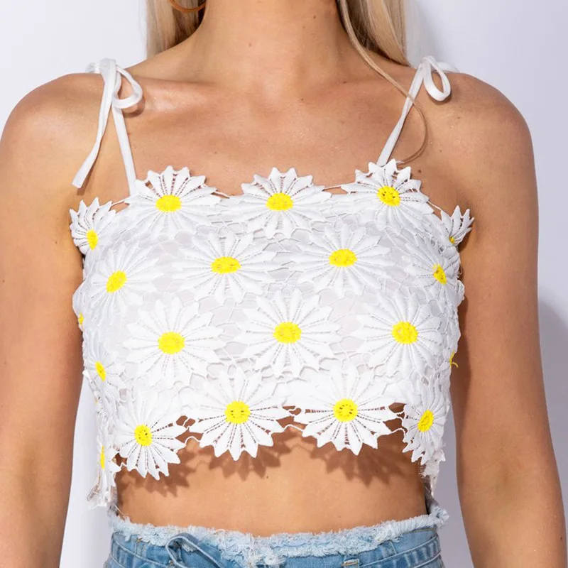 

2019 Sweet Flowers Patchwork Embroidered Flares Lace Up Strapless Girls Camis Women's Beach Vacation Party Mini Crop Tops Tanks