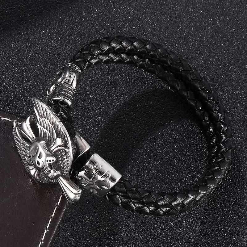 Punk Stainless Steel Skull Cross Buckle Men Black Double Layer Braided Leather Charm Bracelets Rock Male Wrist Band Gifts ST757 | Украшения