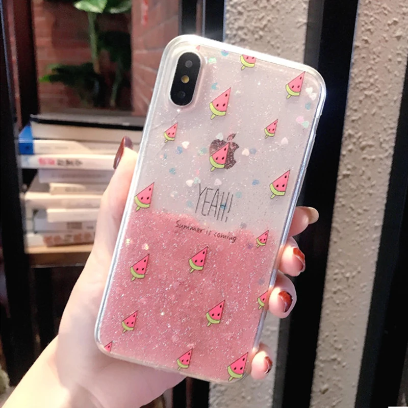 

Phone Cases For iPhone X New Fashion Pink Glitter Summer Fruit Watermelon Cute Shiny Transparent Soft DIFFRBEAUTY Silicone Coque